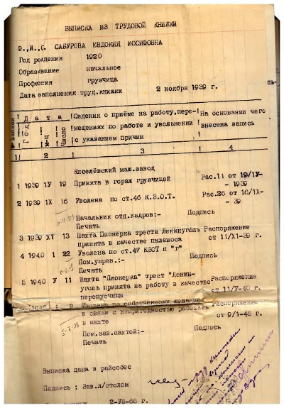 Управления ПФР в Кемеровской области представляют Золотой фонд ПФР: труженикам тыла посвящается Все для фронта! Все для Победы!  Евдокия Иосифовна Сабурова